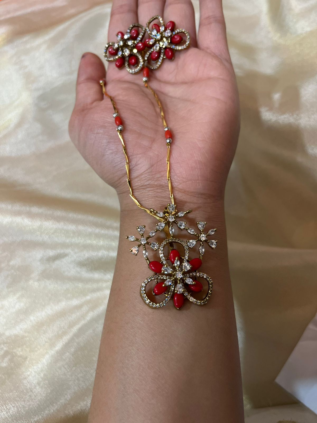 Removable Coral Pendent with Earrings in Victorian polish
