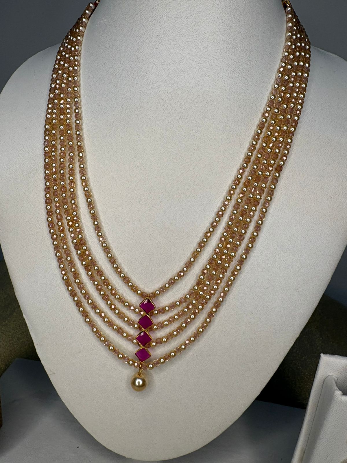 Blush pink Beads with swarovski Pearls with Ruby pendant Set