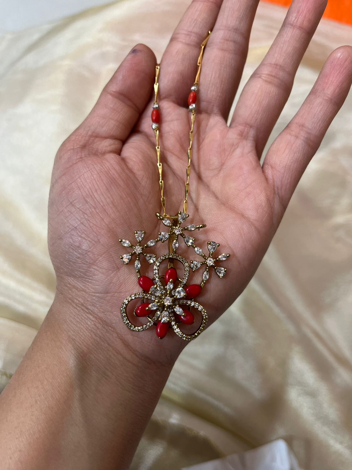 Removable  Coral Pendent with Earrings in Victorian polish