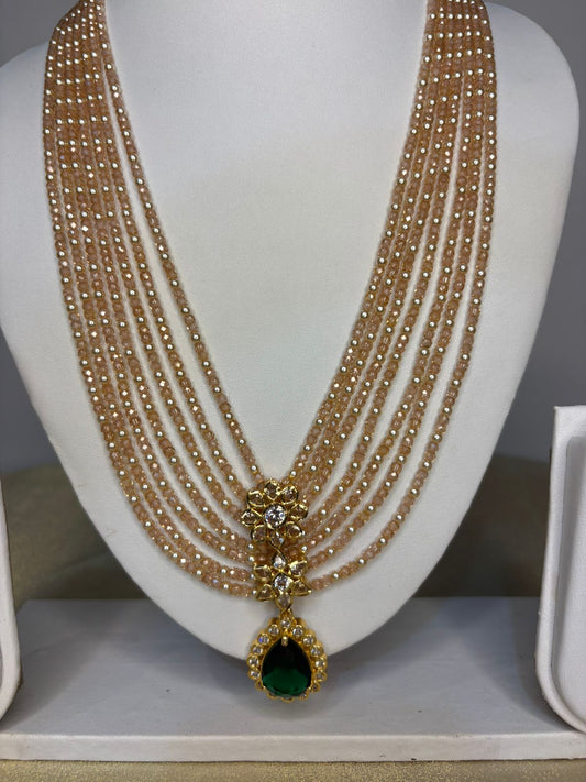 Peachy beads with Real pearls Haram with Emerald pendant Set
