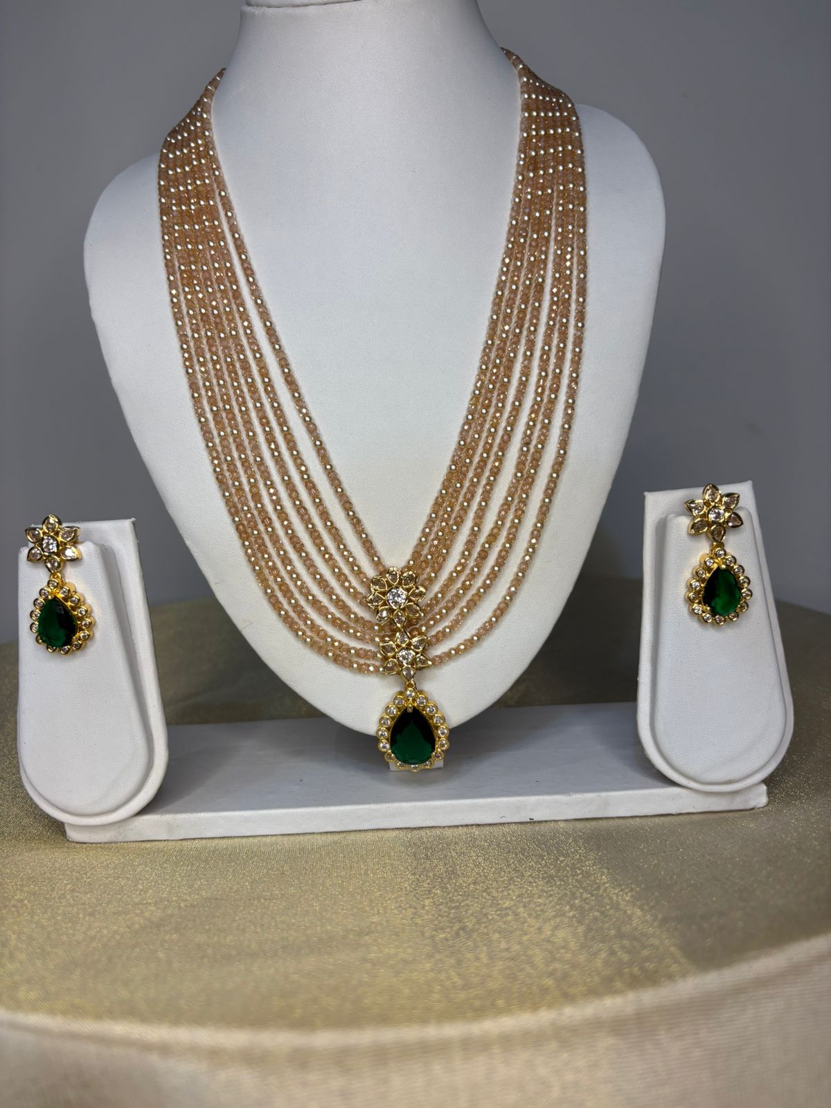 Peachy beads with Real pearls Haram with Emerald pendant Set