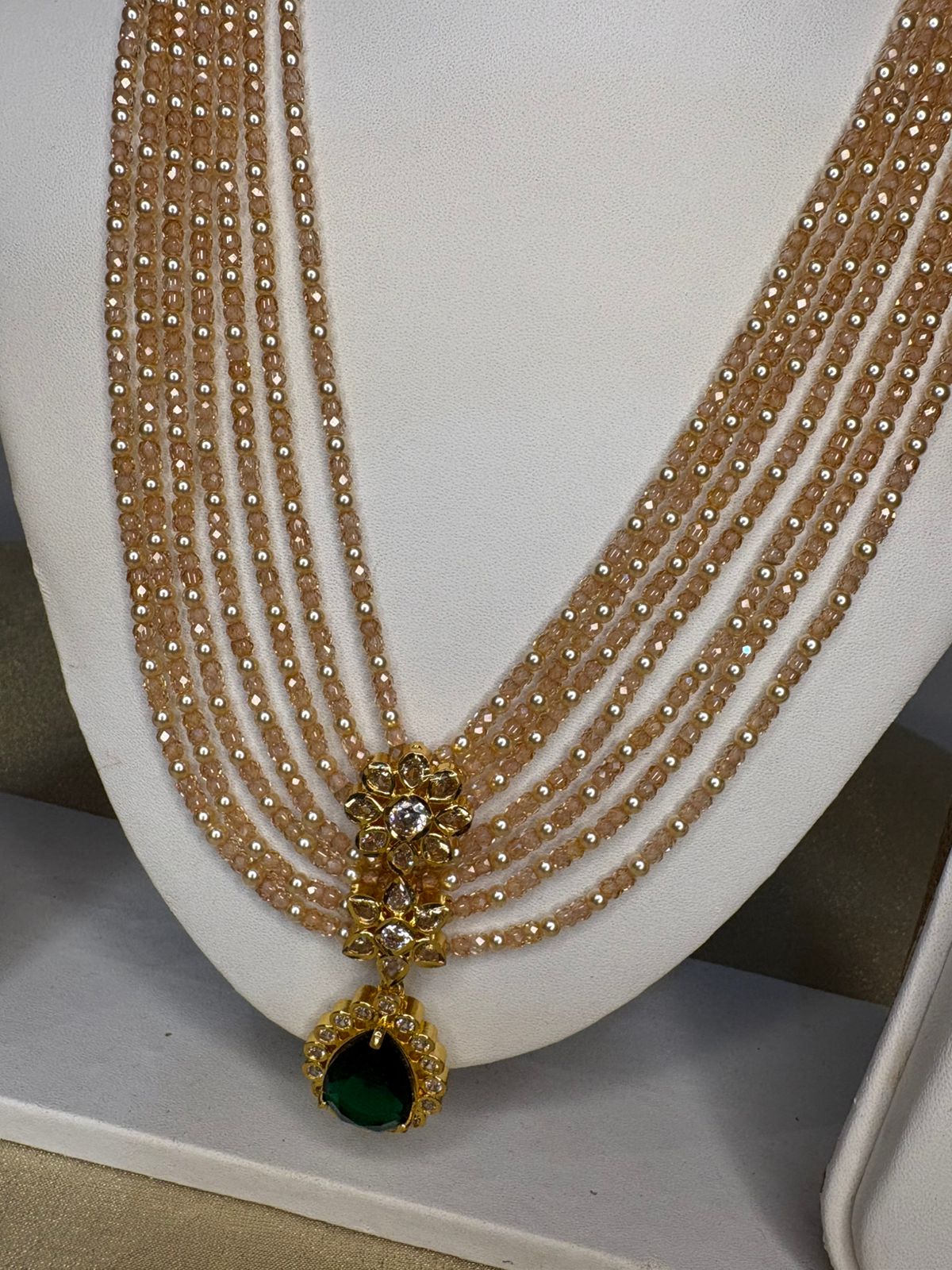 Peachy beads with Real pearls Haram with Emerald pendant Set