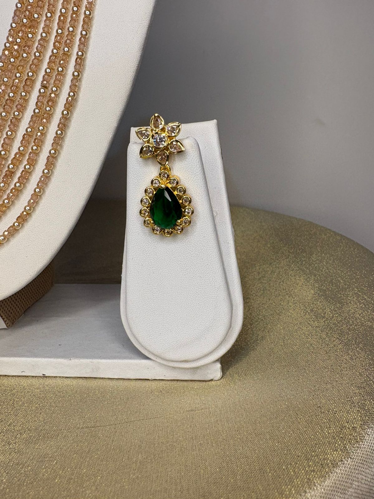 Peachy beads with Real pearls Haram with Emerald pendant Set