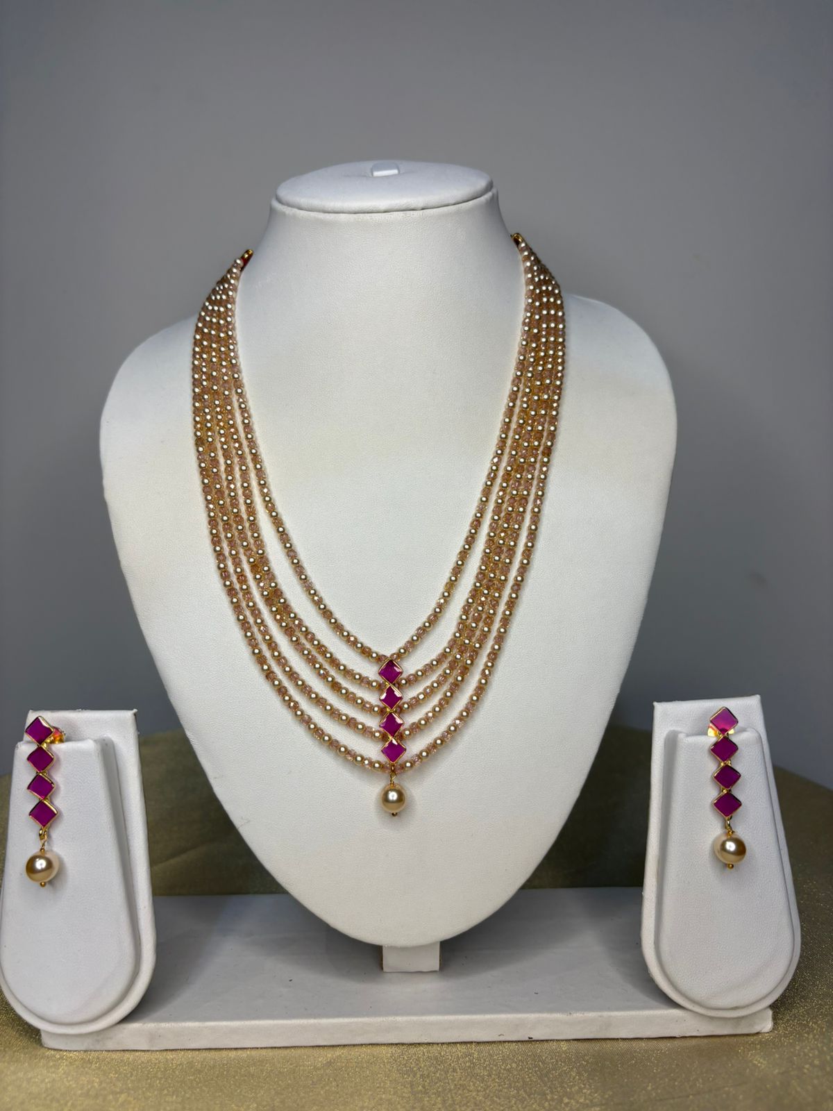 Blush pink Beads with swarovski Pearls with Ruby pendant Set
