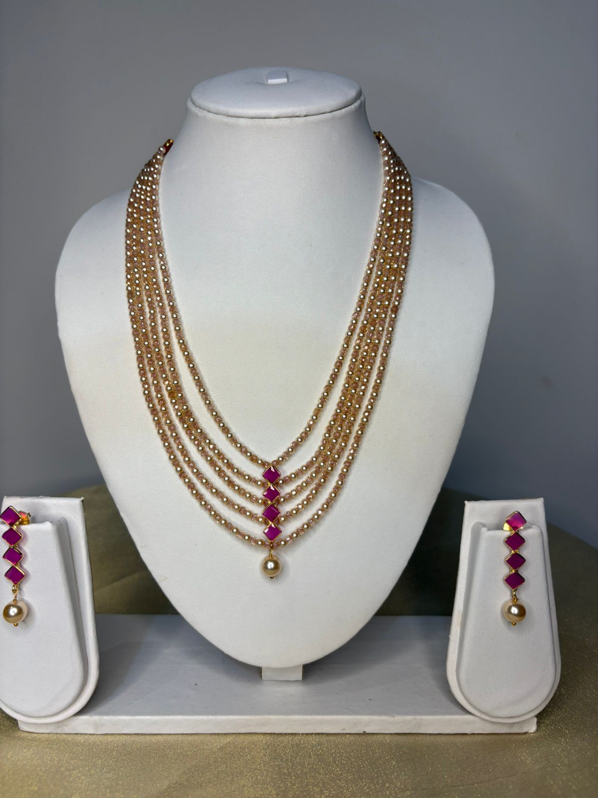 Blush pink Beads with swarovski Pearls with Ruby pendant Set