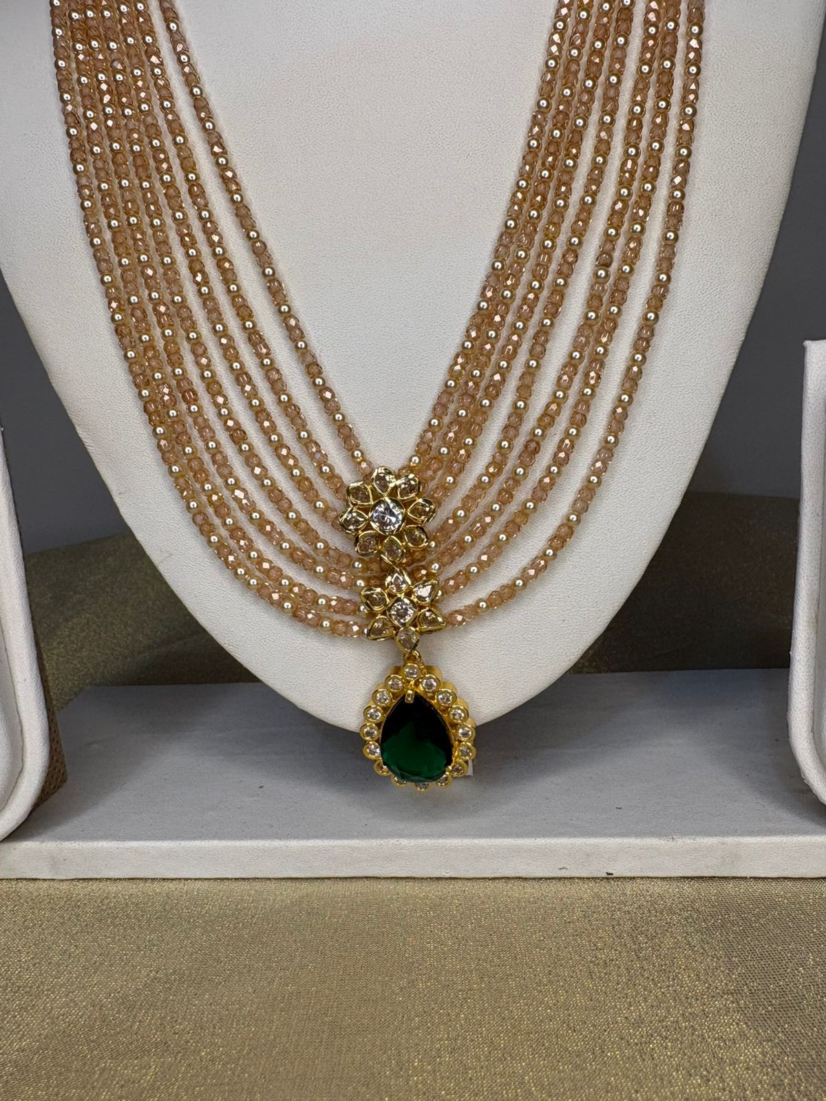 Peachy beads with Real pearls Haram with Emerald pendant Set