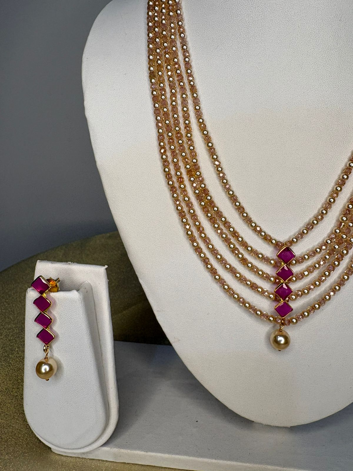 Blush pink Beads with swarovski Pearls with Ruby pendant Set