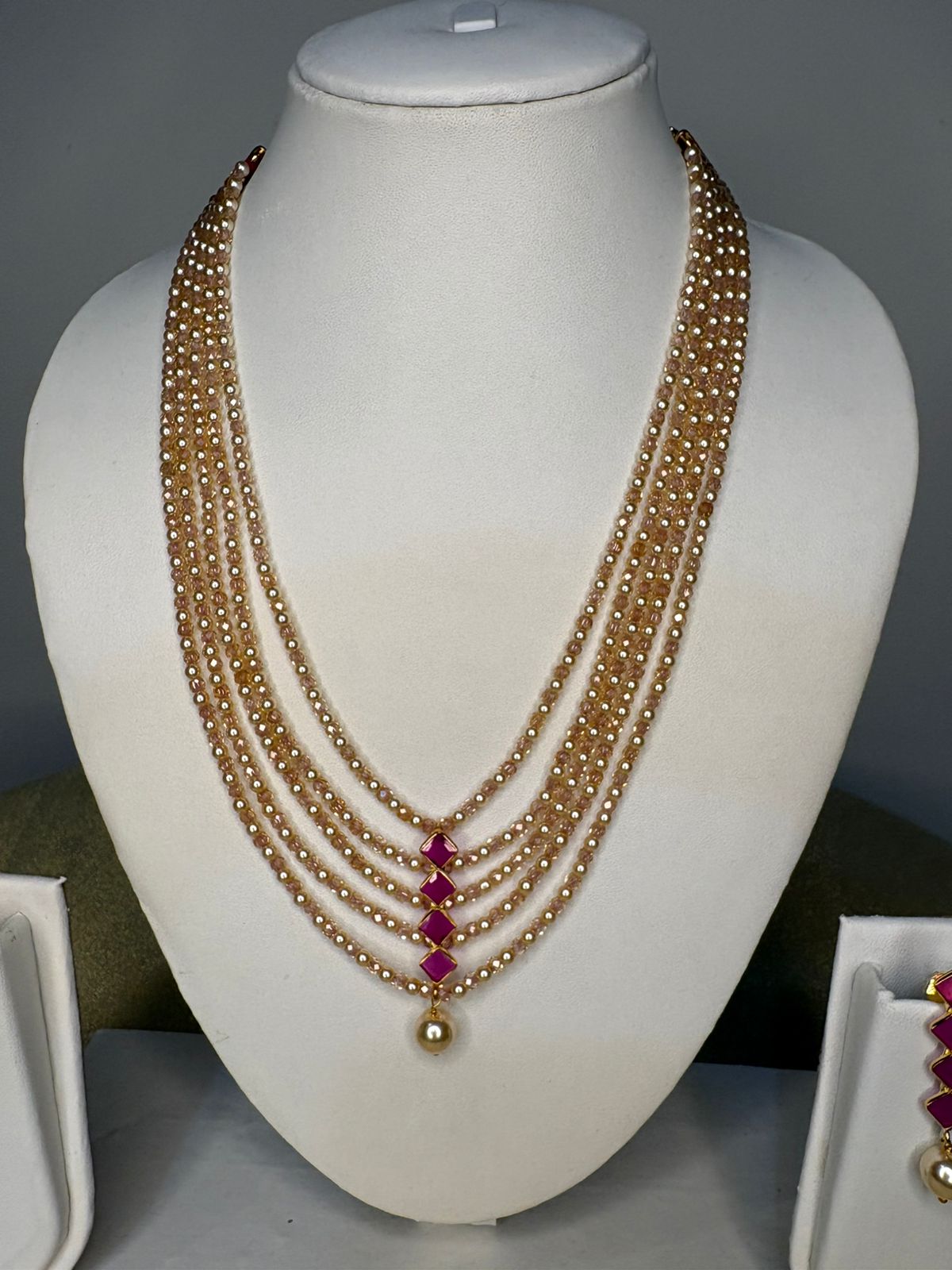 Blush pink Beads with swarovski Pearls with Ruby pendant Set